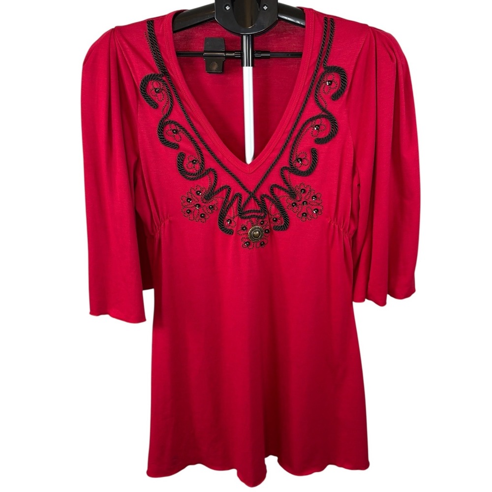 Laguna Rose Tango Red Soutache Beaded V-Neck Flutter Sleeve Top Medium 10457ES